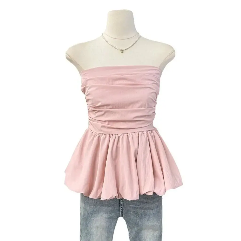 

Women's French Style Off-Shoulder Pleated Slim-Fit Strapless Vest Pure Desire-Style Ruffled Skirt Top Summer Sexy Top