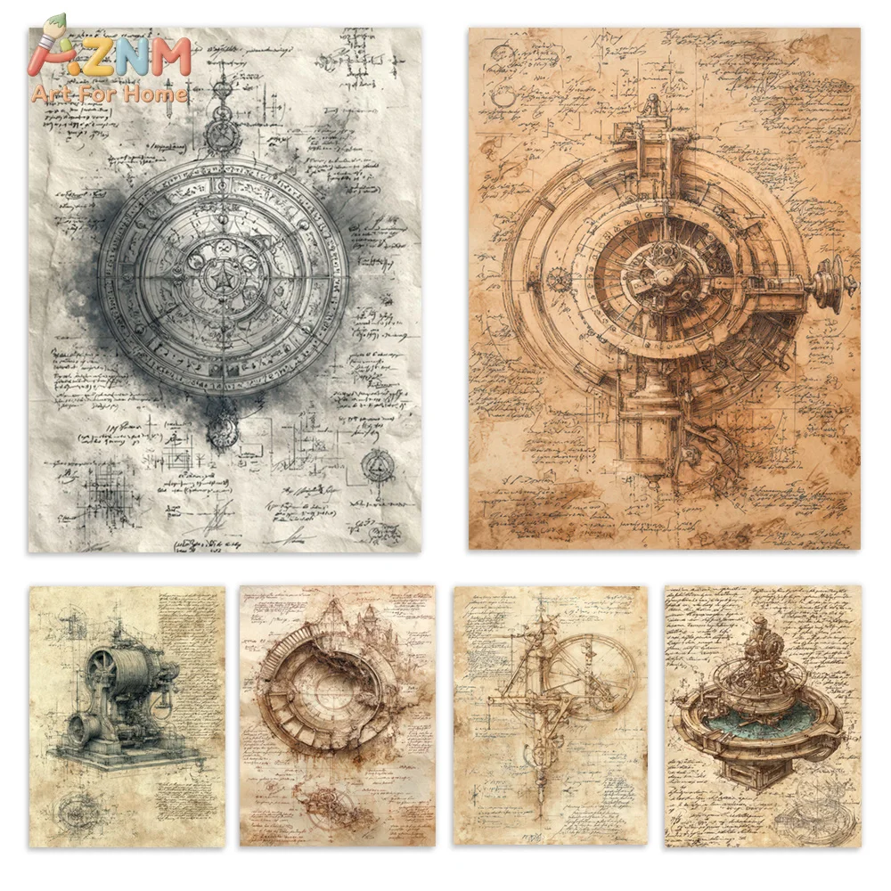 AZNM Vintage Mechanical Blueprint Canvas Wall Art Prints Da Vinci Style Engineering Sketch Steampunk Machine Home Decor Poster