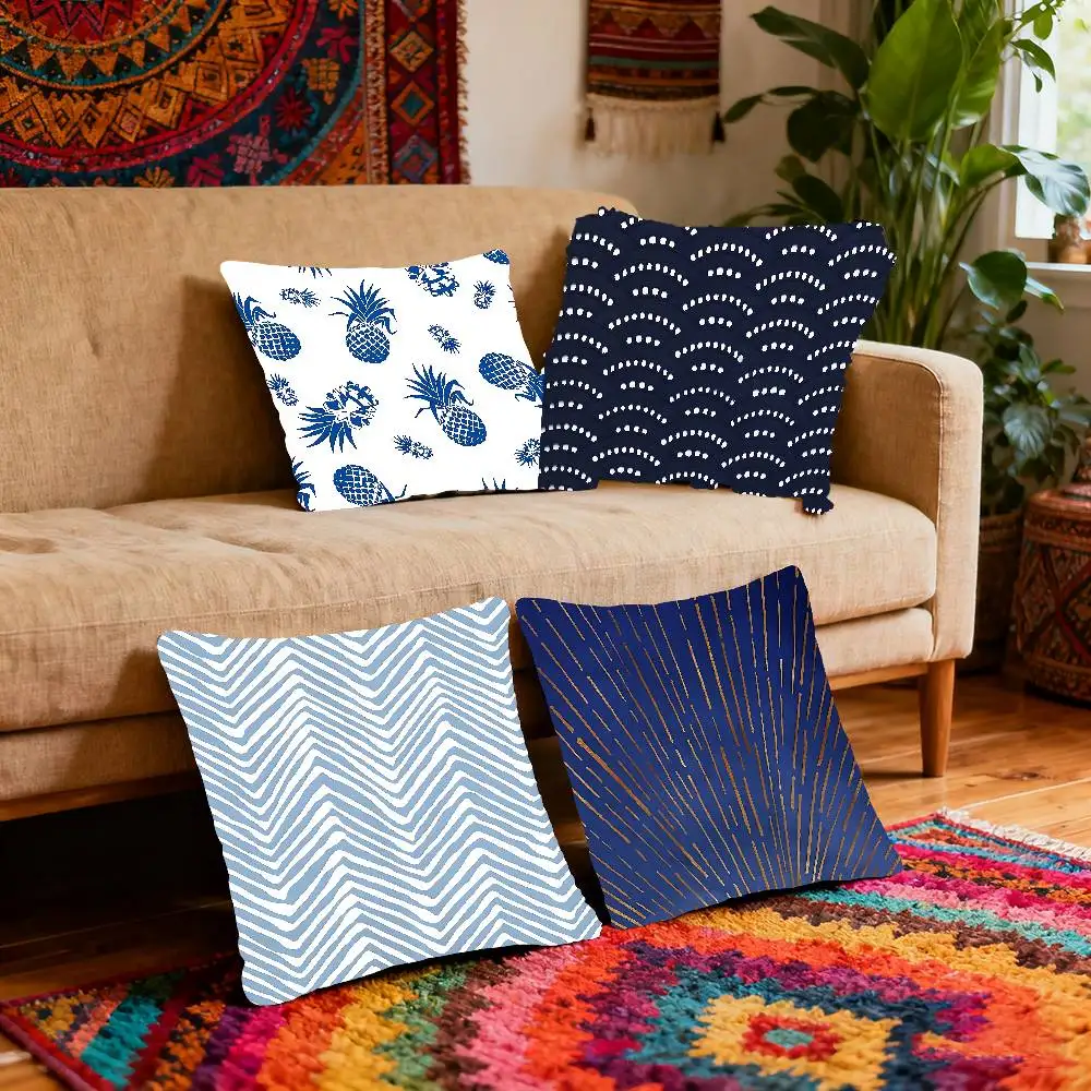 Blue Tone Printing Pillow Case Throw Pillow Cover Nordic Vintage Style Cushion Covers Home Living Room Sofa Couch Seat Decor