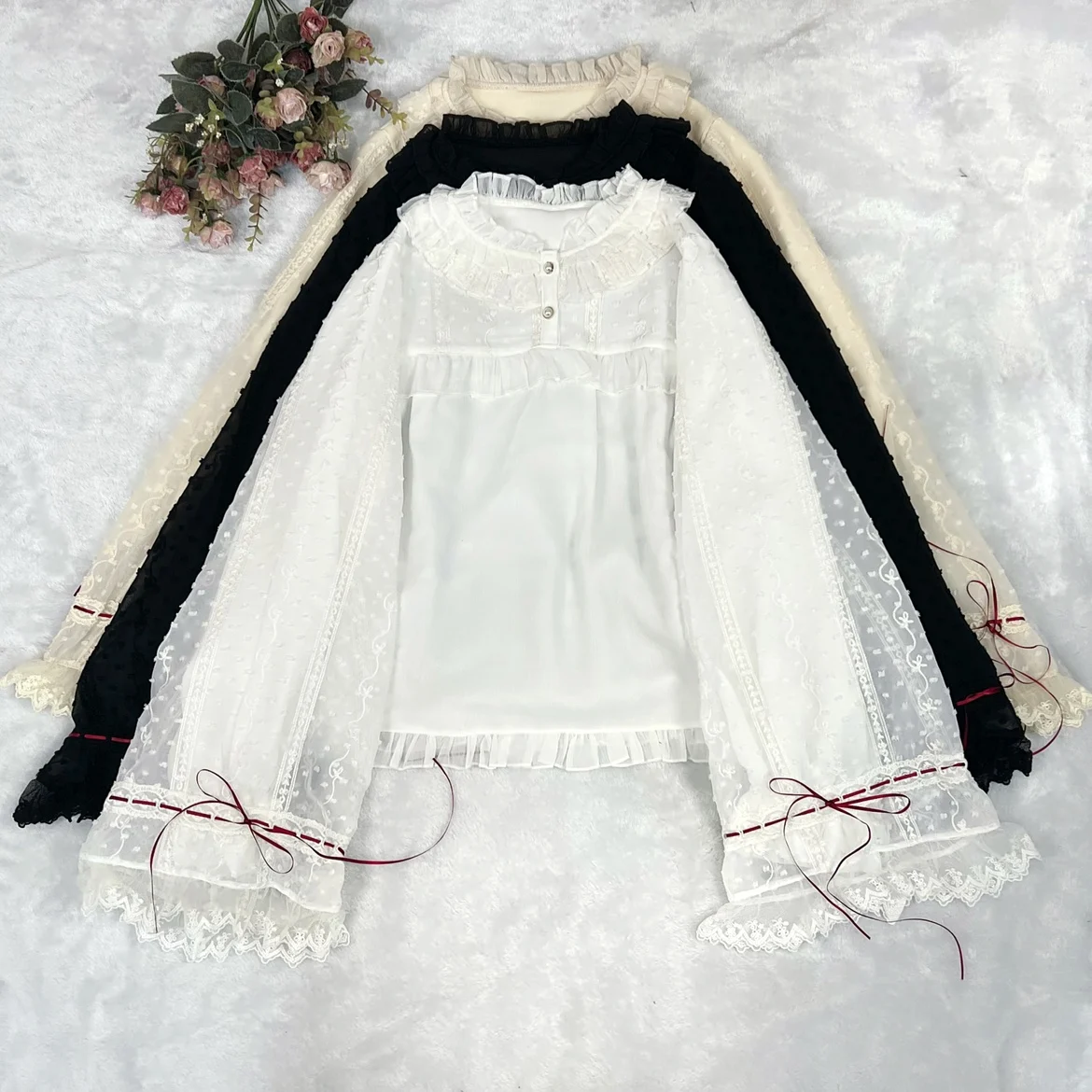 2025 New Lolita Double Long Sleeve Cute Bow Chiffon Shirt Girl Spring Summer Chinese Flare Sleeve Lace-up Sweet Versatile Blouse