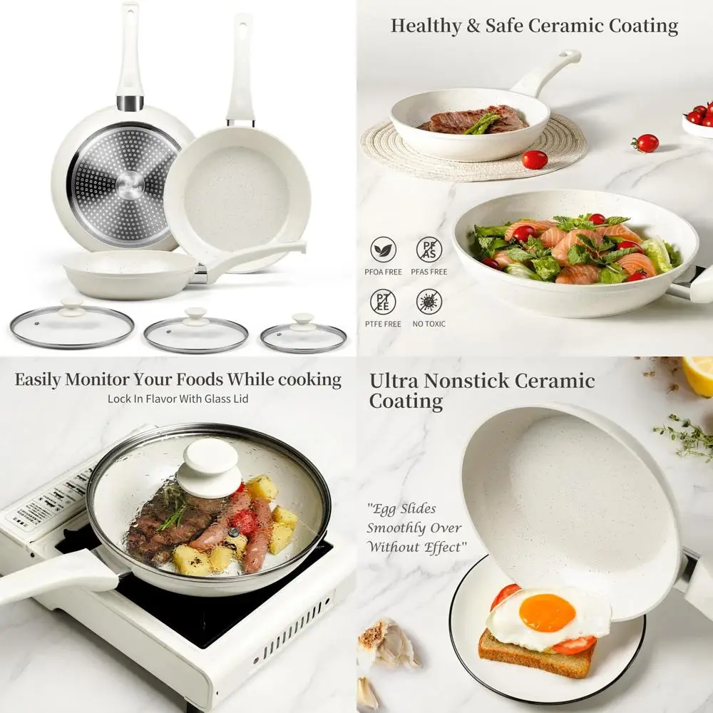 

ceramic nonstick frying pan set - white pans with lids, induction skillets for eggs & omelets, healthy no toxic cookware, pfoa&p