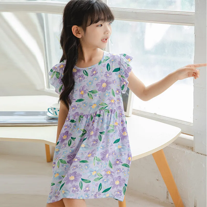 Vestido Manga Pétala Respirável para Meninas, Vestido de Uma Peça, Vestido Casual, Estampado De Flores Bonitinho, Verão, Novo, Tamanho 100-170