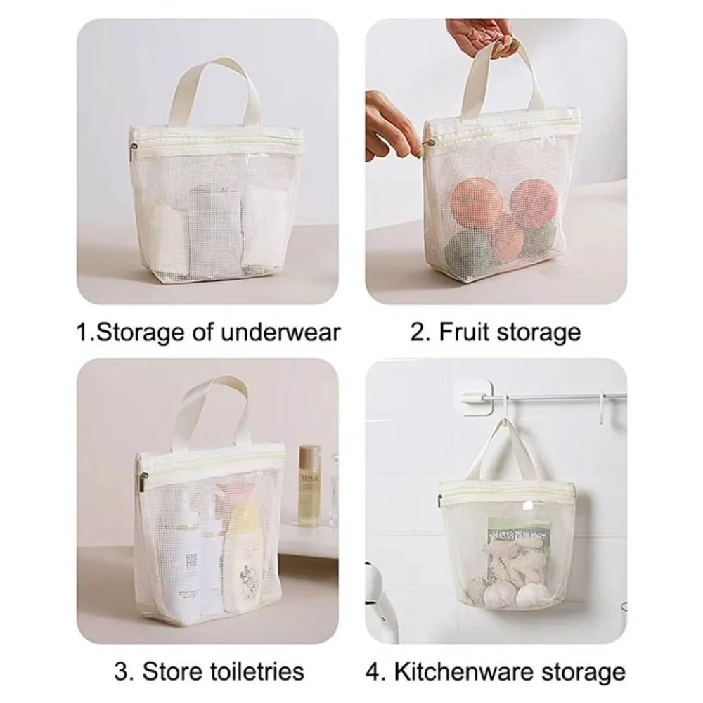 Mesh Toiletry Storage Bag Portable Hanging Shower Organizer Travel Hollow Out Drain Pouch Thickened Polyester Cosmetic Bag