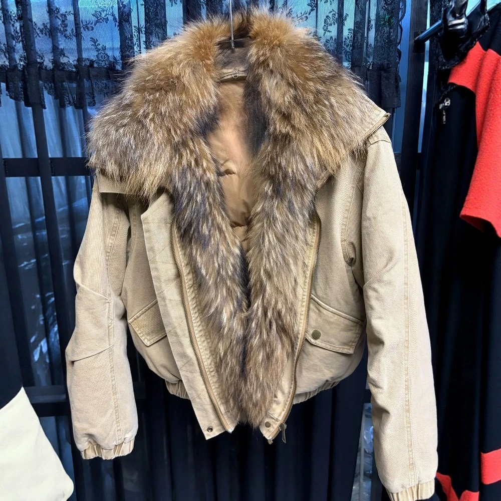 Women's Oversize Short Puffer Jacket with Goose Down New Outerwear with Real Fur Ultra Warm Transitional Season Zipper Closure