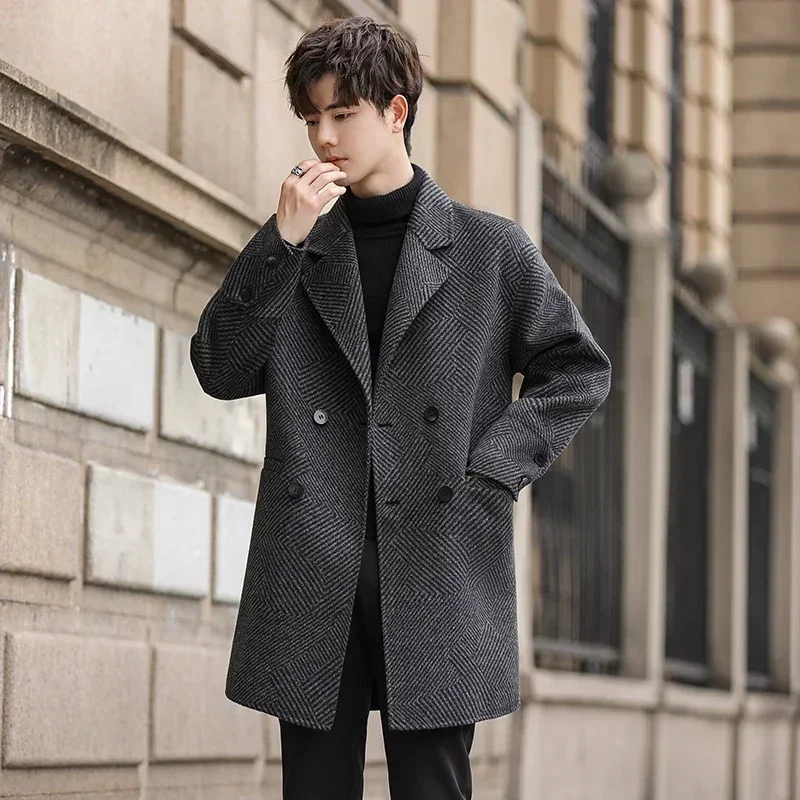 

Autumn and Winter New Men's Double-Faced Wool Overcoat Woolen Windbreaker Medium-Long Coat Clothes