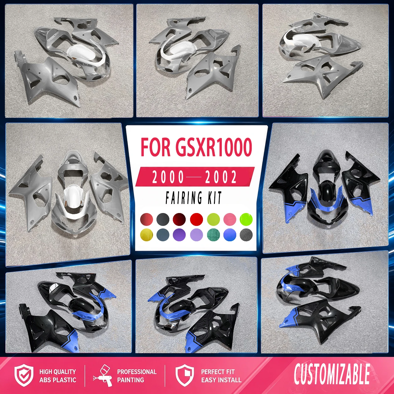 Verkleidungsset für Motorrad GSXR1000 2000 2001 2002, ABS lackierte Verkleidungen, Spritzguss, passend für 00 01 02 GSXR 1000