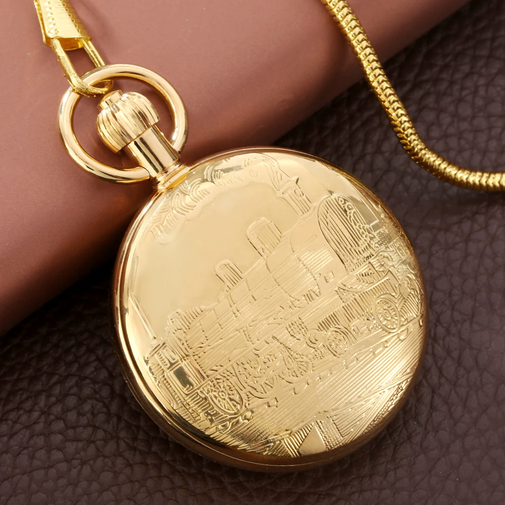 Relief Train Pattern Golden Pocket Watch Automatic Mechanical Wingding Arabic Numeral Dial  Pendant Pocket Watches Thick Chain