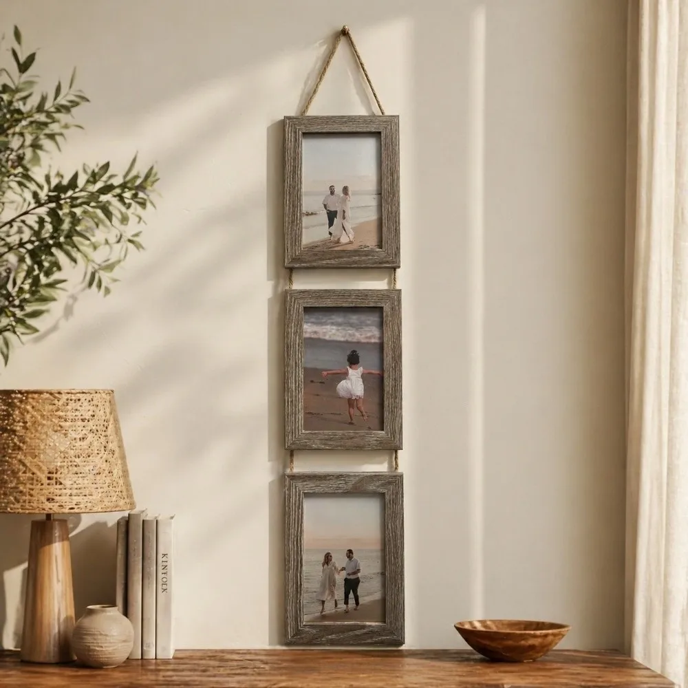 6-Inch Hanging Picture Frame Rustic Style Multi Panel Family Portrait Frame Linked Photo Holder Retro Vertical Photo Wall Office