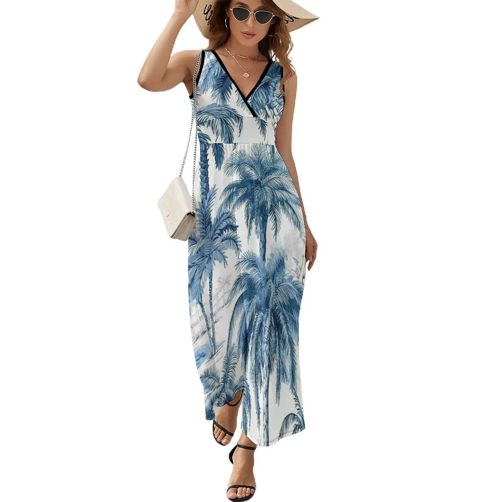 Hawaiian Blue Tropical Botanical Dress Summer  Street Fashion Bohemia Long Dresses Women High Waist Custom Elegant Maxi Dress