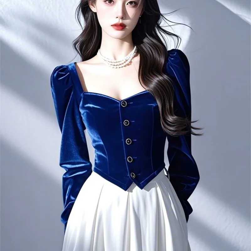 Professional blue velvet shirt two dress suits