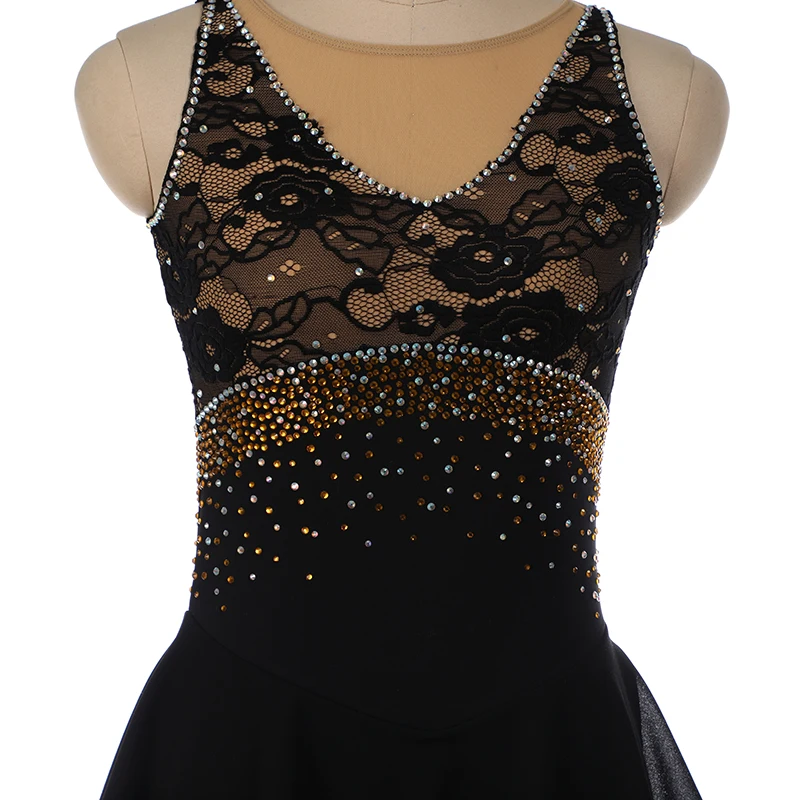 Black Figure Skating Dress Long-Sleeved Ice Skating Skirt Spandex lace with golden rhinstones view 6