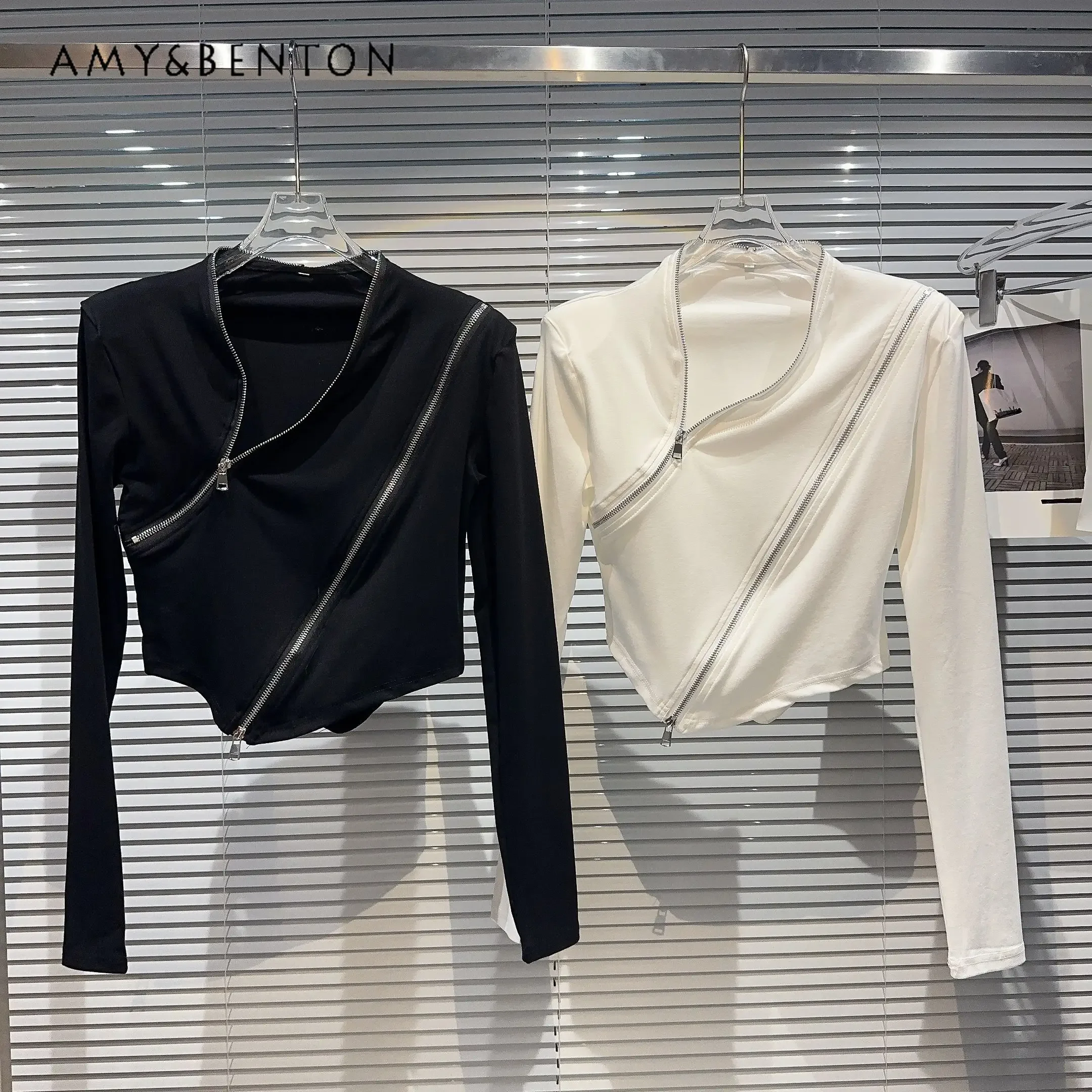 2023 Autumn New Hot Girl Double Oblique Zipper Padded Shoulder Cotton Long Sleeve T-shirt Diagonal Collar Black White T Shirts