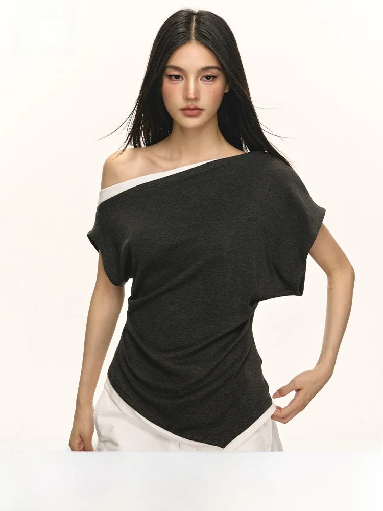 

Женская летняя футболка Anna Aneae с уникальным дизайном, вязаная, с открытыми плечами, имитация двухслойного кроя, облегающая, влагоотводящая