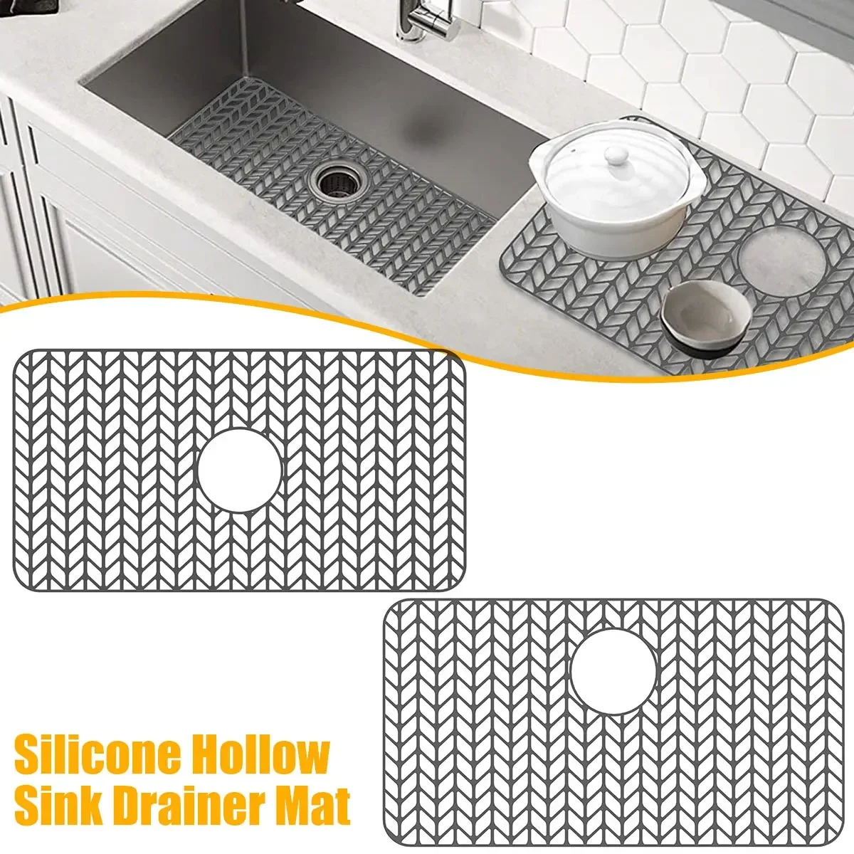 L Silicone Sink Protector 26×14inch Heat-Resistant Kitchen Sink Mat Anti-Slip Sink Mat Grid Drain Center Protecting Mat