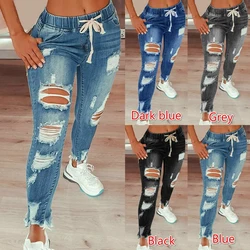 Drawstring Denim Jeans For Women Ripped Hole Stretch Jean Ladies Pencil Pants Pantalones de mujer