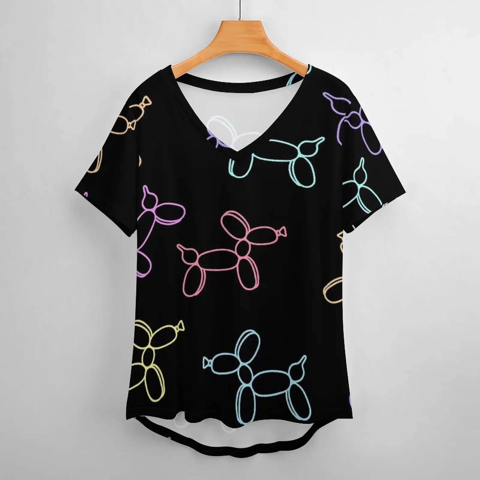 Balloon Dogs T-Shirt Colorful Animal Vintage V Neck T Shirts Short Sleeve Simple Tshirt Summer Custom Tops Big Size 2XL 3XL