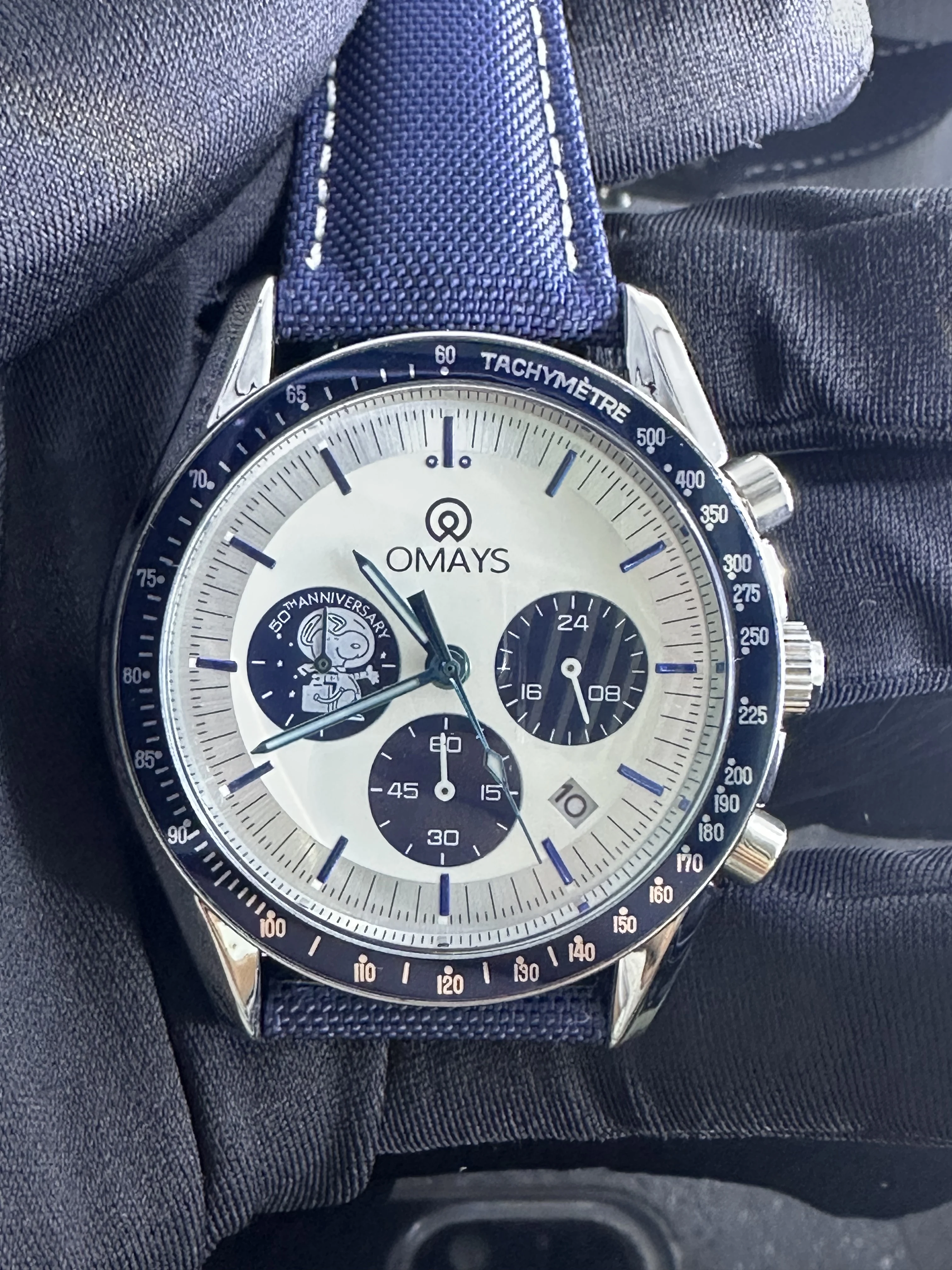 DD41MM Men's Quartz Watch, Three-Eye 6-Hand Multi-Time Zone Luminous Calendar Luxury Sport Watch, Blue Nylon