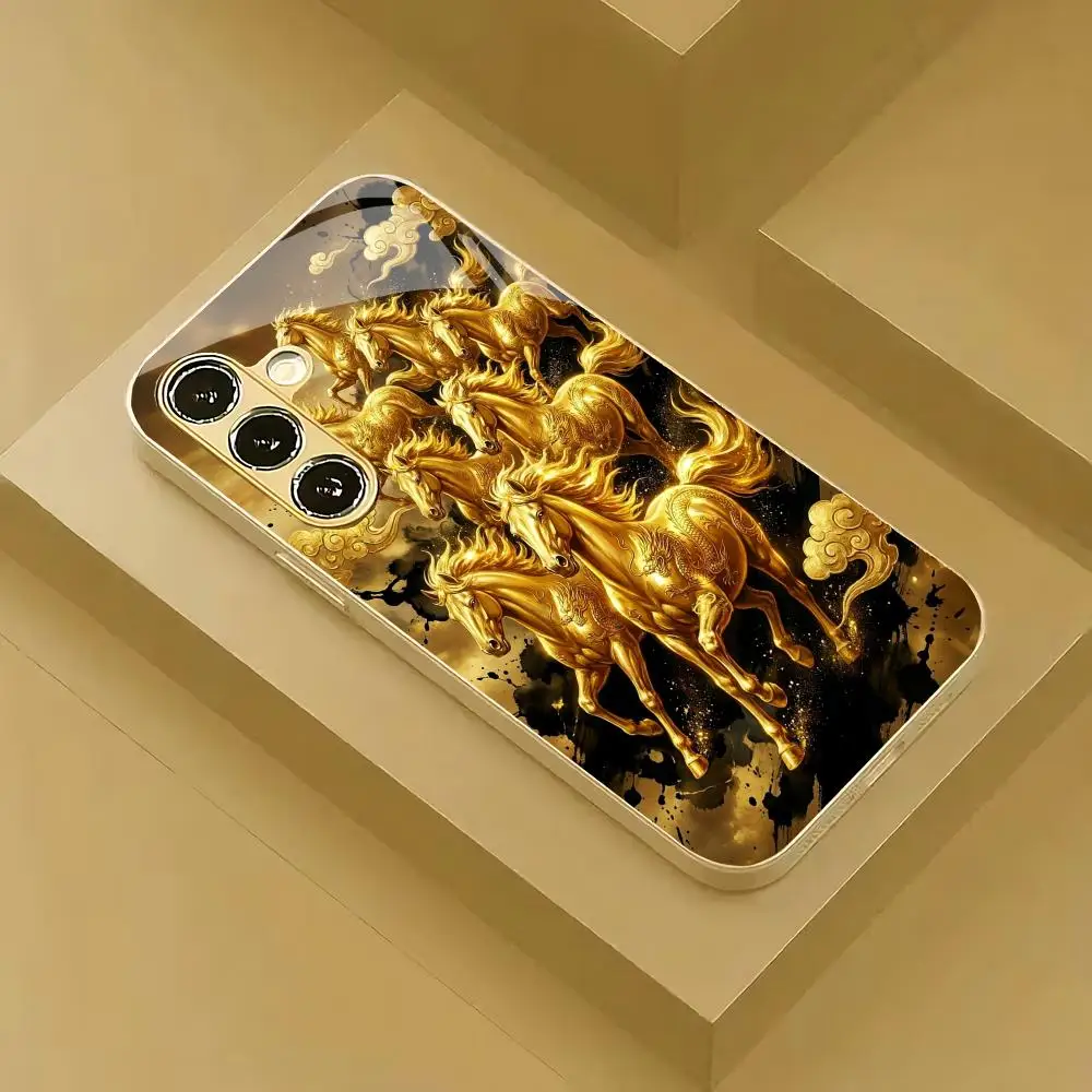 Golden horse plated glass phone case suitable for Samsung Galaxy S26 S25 S24 S23 S22 S21 S20 FE/Ultra/Plus anti drop back cover