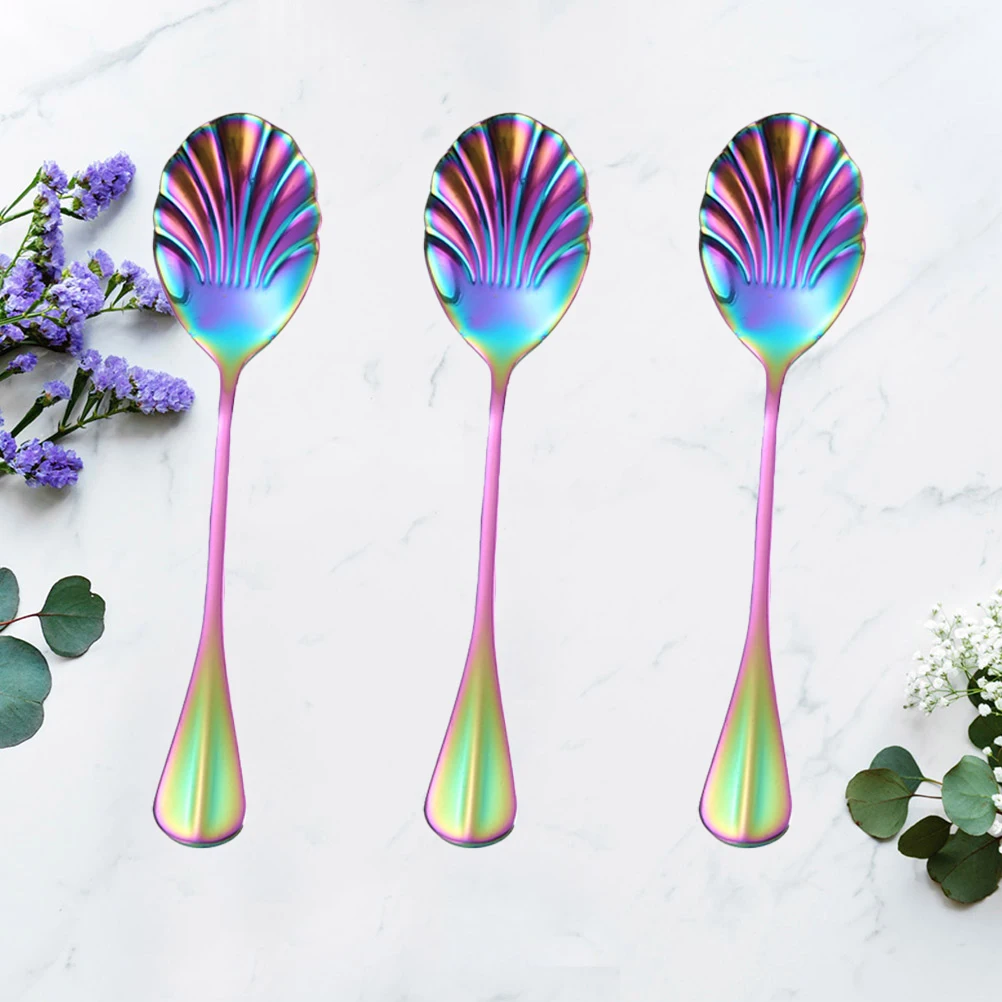 

3 Pcs Shaped Stainless Steel Shell Shaped Stirring Spoons Long Handle Mixing Spoon for Coffee Dessert Ice Cream Kitchen Bar