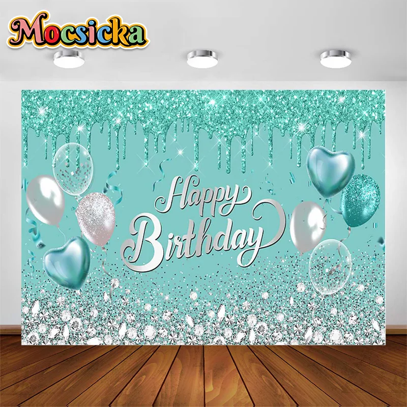 Mocsicka Happy Birthday Girl Party Decor Backdrop Crystal Diamond Balloon Glitter Background Kids Portrait Photo Photo Booth