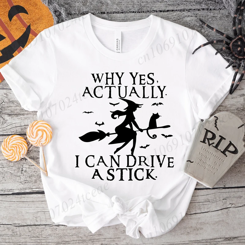Yes I Can Drive A Stick T-Shirts, Halloween Women Shirt, Funny Witch Tops, Halloween Party Women Men T-Shirts Short Sleeve Tops