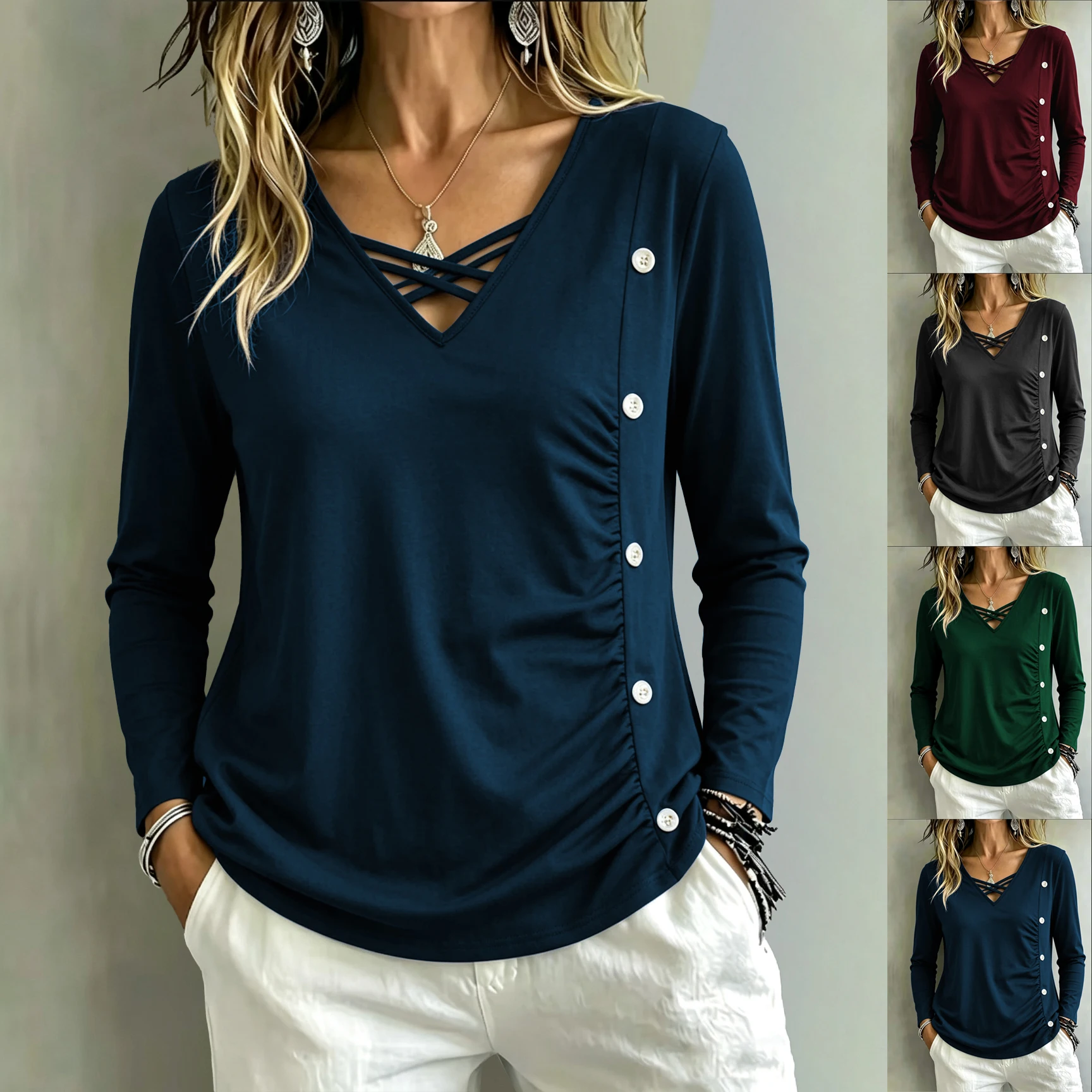 Plus Size Women's Long Sleeve Knit T-Shirt with Cross Strap & Button Detail, Solid Color Fall Winter Fashion Top