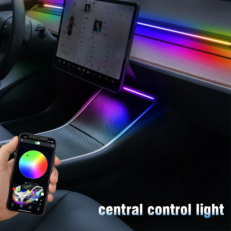 For Tesla Model 3 Y Center Console Dashboard Wireless Charging RGB Neon LED Light Strip Musical Rhythm USB Power APP Control