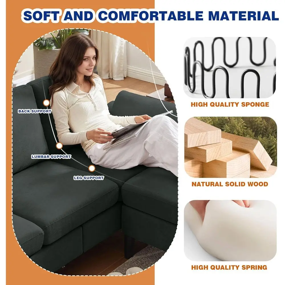 طقم أريكة مقطعية قابلة للعكس مكون من 4 قطع من الكتان، أريكة صغيرة على شكل حرف L، 3 مقاعد، مقعدين، كرسي بذراعين للمعيشة والمكتب