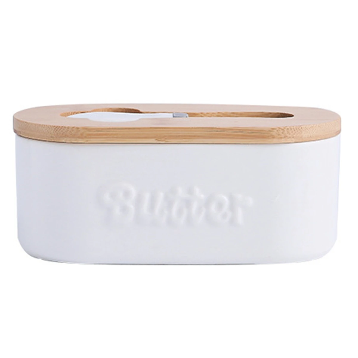 Butter Box Ceramic Butter Dish with Knife Cheese Food Container Butter Tray Dish Sealing Wood Plate Storage Box A