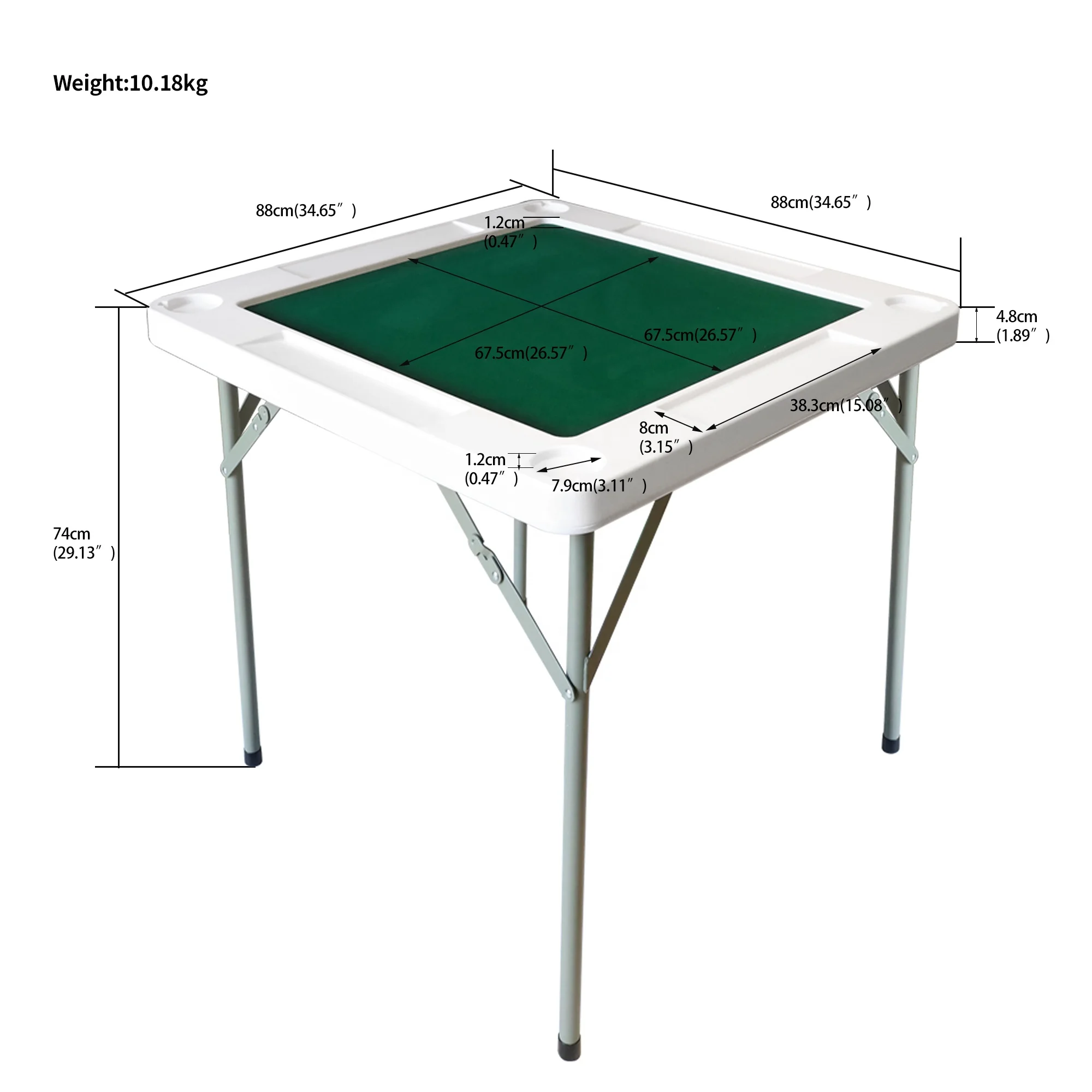 EASTOMMY ET-104036 Player Folding Card Game Table Square Mahjong Table Foldable with Green Playing Surface with Cup Holder