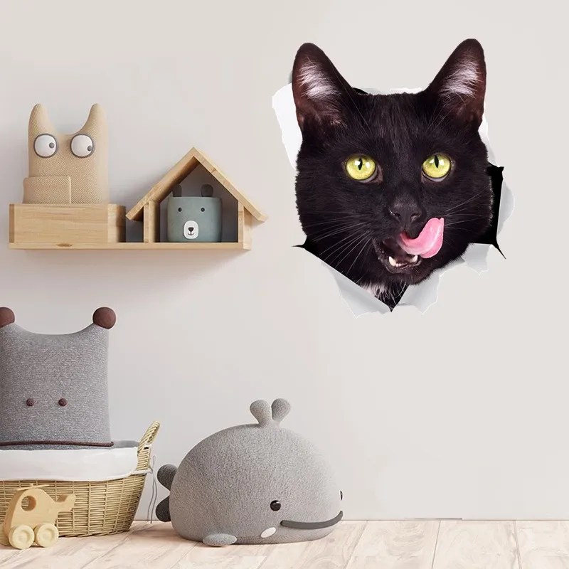 Tri koshki W1402 3D Black Cat in the Hole Wall Sticker Waterproof Decal PVC Home Decoration Kids Room Door Toile Bedroom