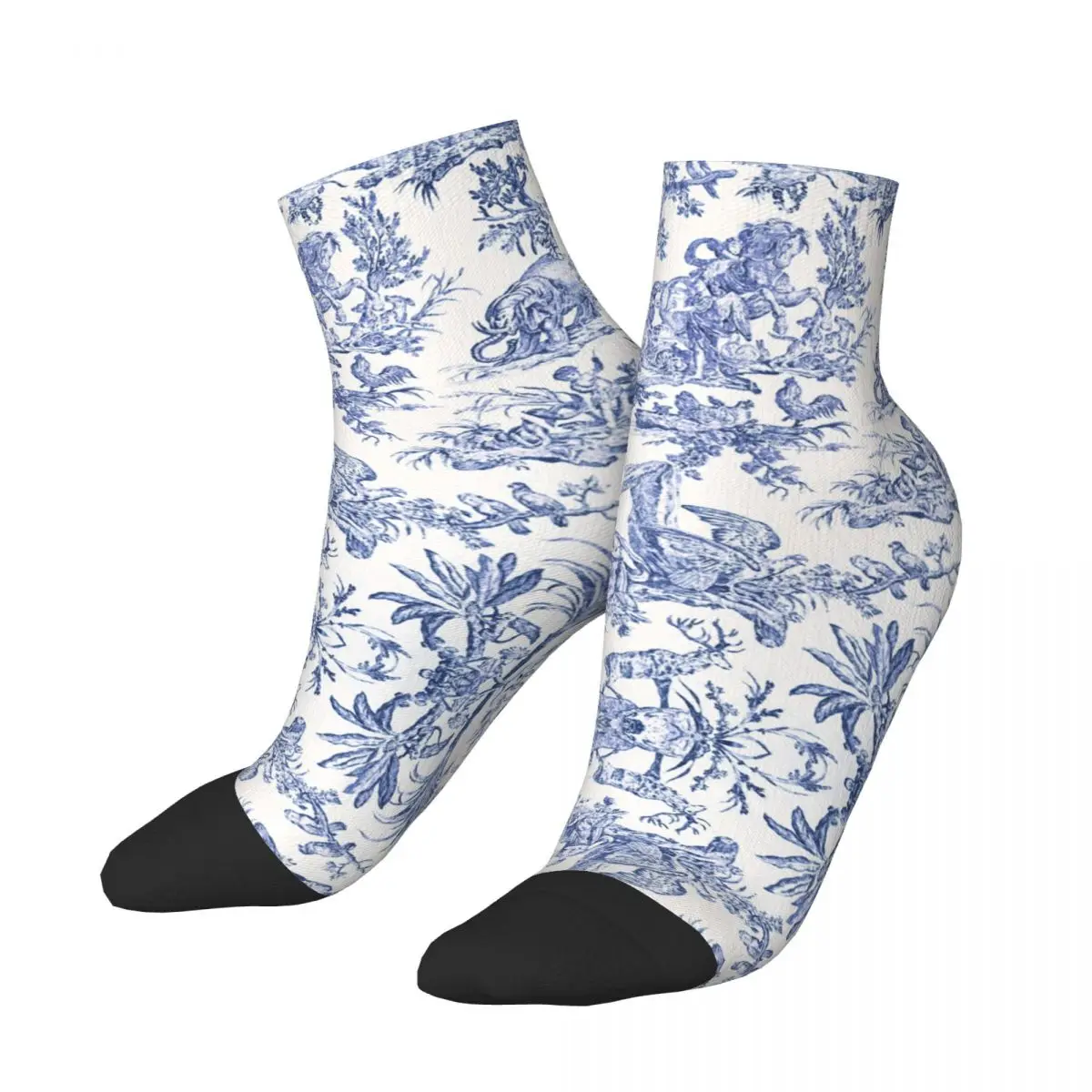 Custom Fun Printing Navy Blue Toile De Jouy Socks for Women Stretch Summer Autumn Winter French Countryside Floral Crew Socks