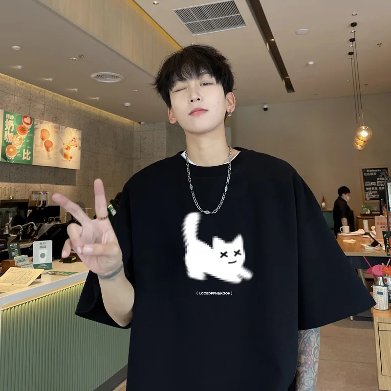 Men's Oversized T-shirts Cotton T Shirt White for Men Casual Summer Wear Cat Anime Print Fashion Tee Shirts Men Clothing