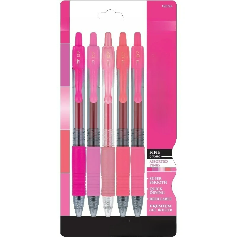 Retractable Gel Pens, Pink Premium, 0.7mm Fine Point, Assorted Colors, 5 Count