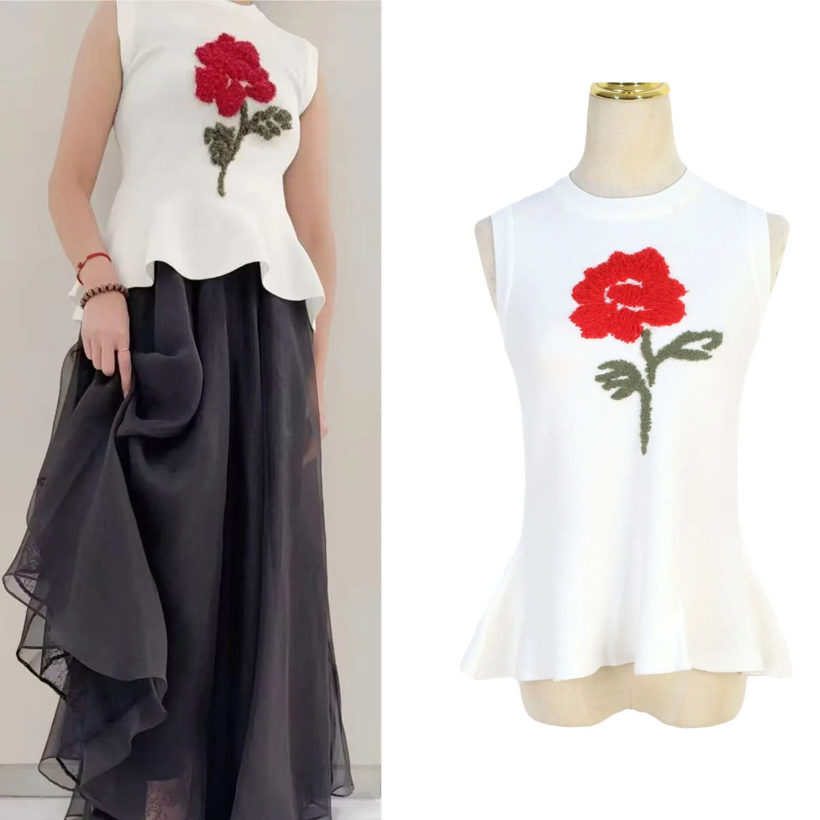 

MaSande Commuter Rose Flower Knitted Vest Svel round Ne Women's Spring Summer New Sle Slimming Versatile Top