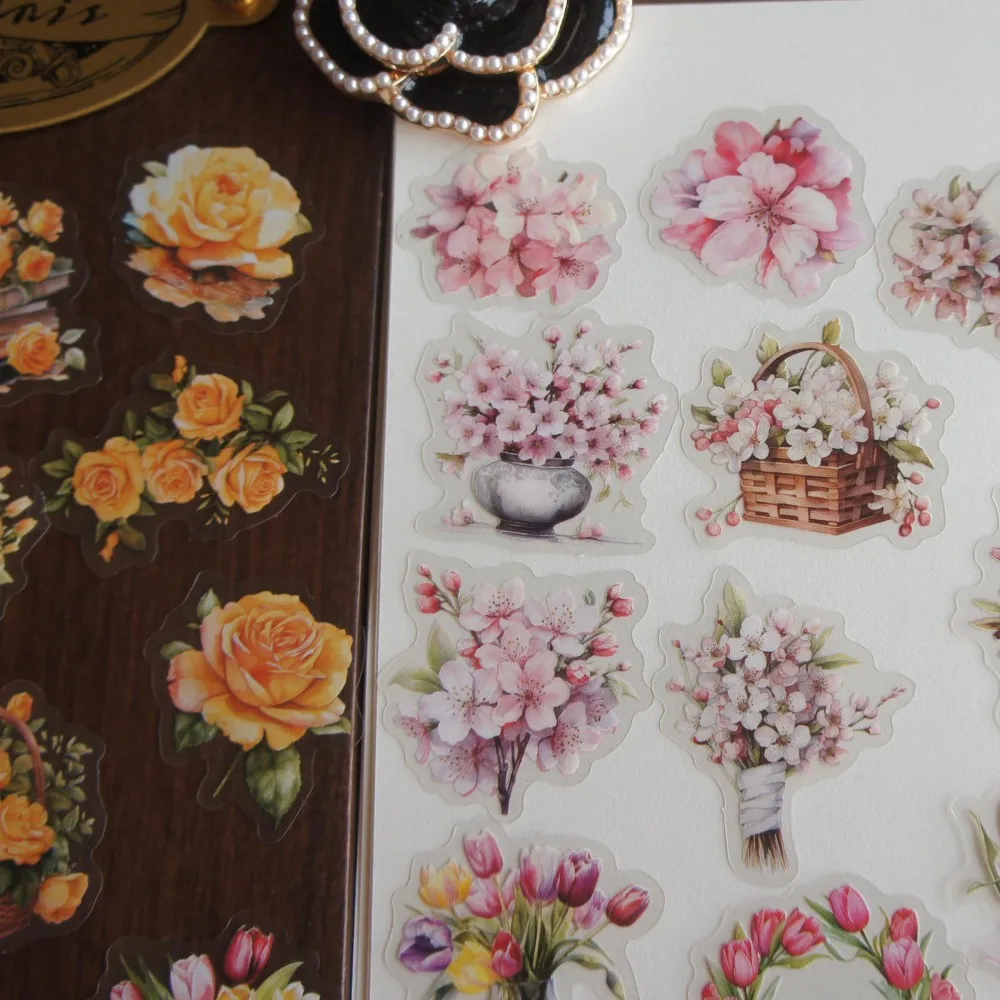 

48pcs Picking Flowers Filling Baskets Style PVC Sticker Scrapbooking DIY Gift Packing Label Decoration Tag