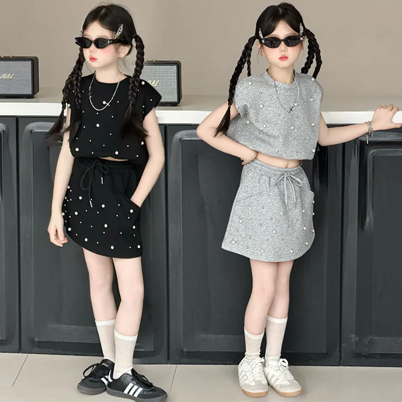 

Комплект модной одежды для девочек, детская летняя одежда, комплект одежды из 2 предметов с жемчужными бусинами, детский уличный костюм 5, 6, 7, 8, 9, 10, 12, 13, 14 лет