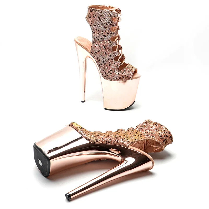 Leecabe 20cm/8inches Beautiful Leopard Upper with Gold Color Pole Ankle High Heel Platform Pole Dancing Boot