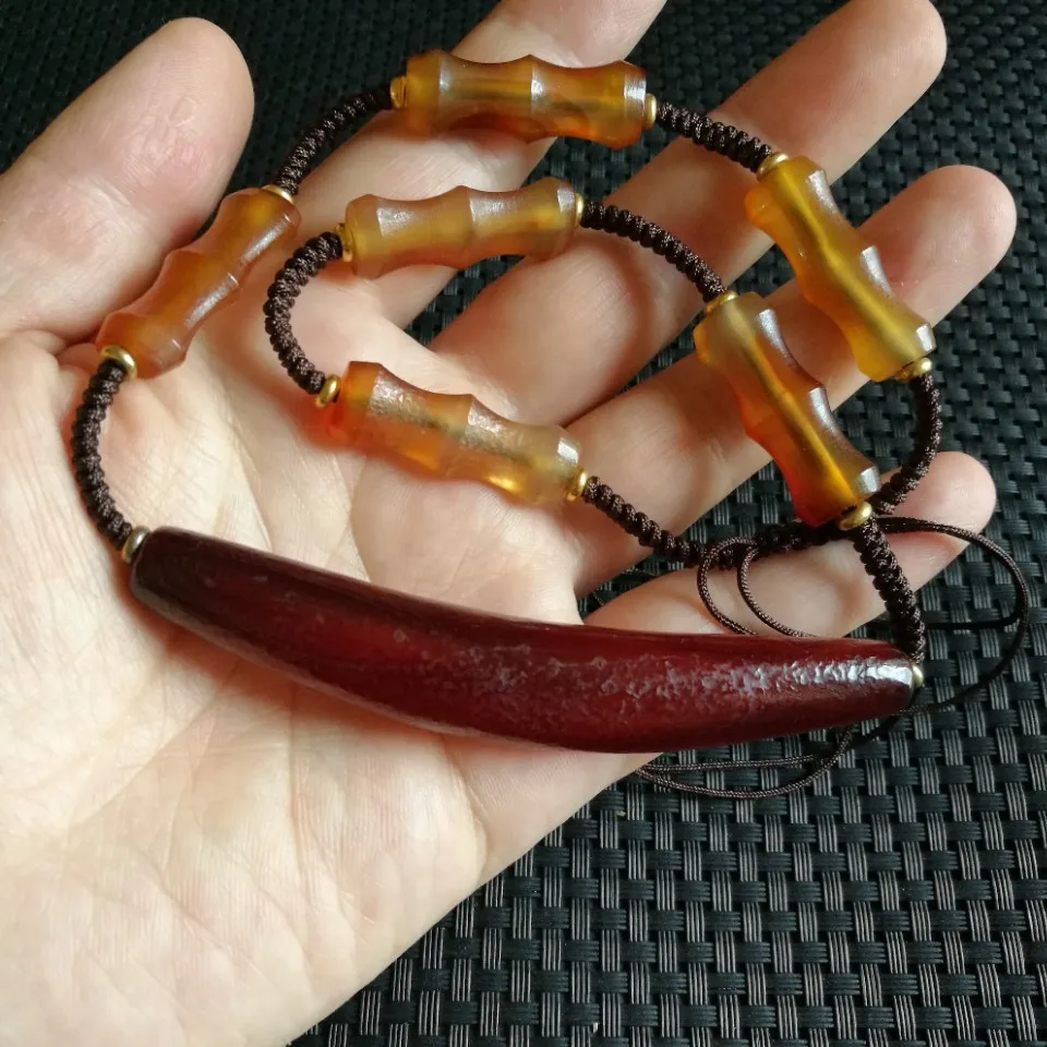 Hand Knotted Cord Pendant Necklace Wine Red Elongated Stone Bar With Amber Bamboo Shape Beads Vintage Ethnic Boho Jewelry