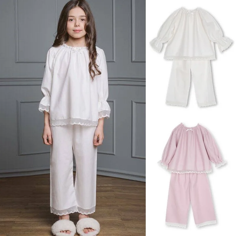 

Girls' Home Clothes 2022 Spring And Summer New Lace Edge Girls' Pajamas Two-Piece Cotton 30% Silk Pajamas Children's Clothing