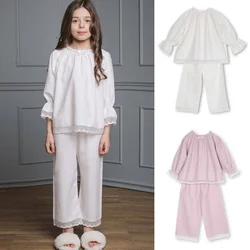 Girls' Home Clothes 2022 Spring And Summer New Lace Edge Girls' Pajamas Two-Piece Cotton 30% Silk Pajamas Children's Clothing