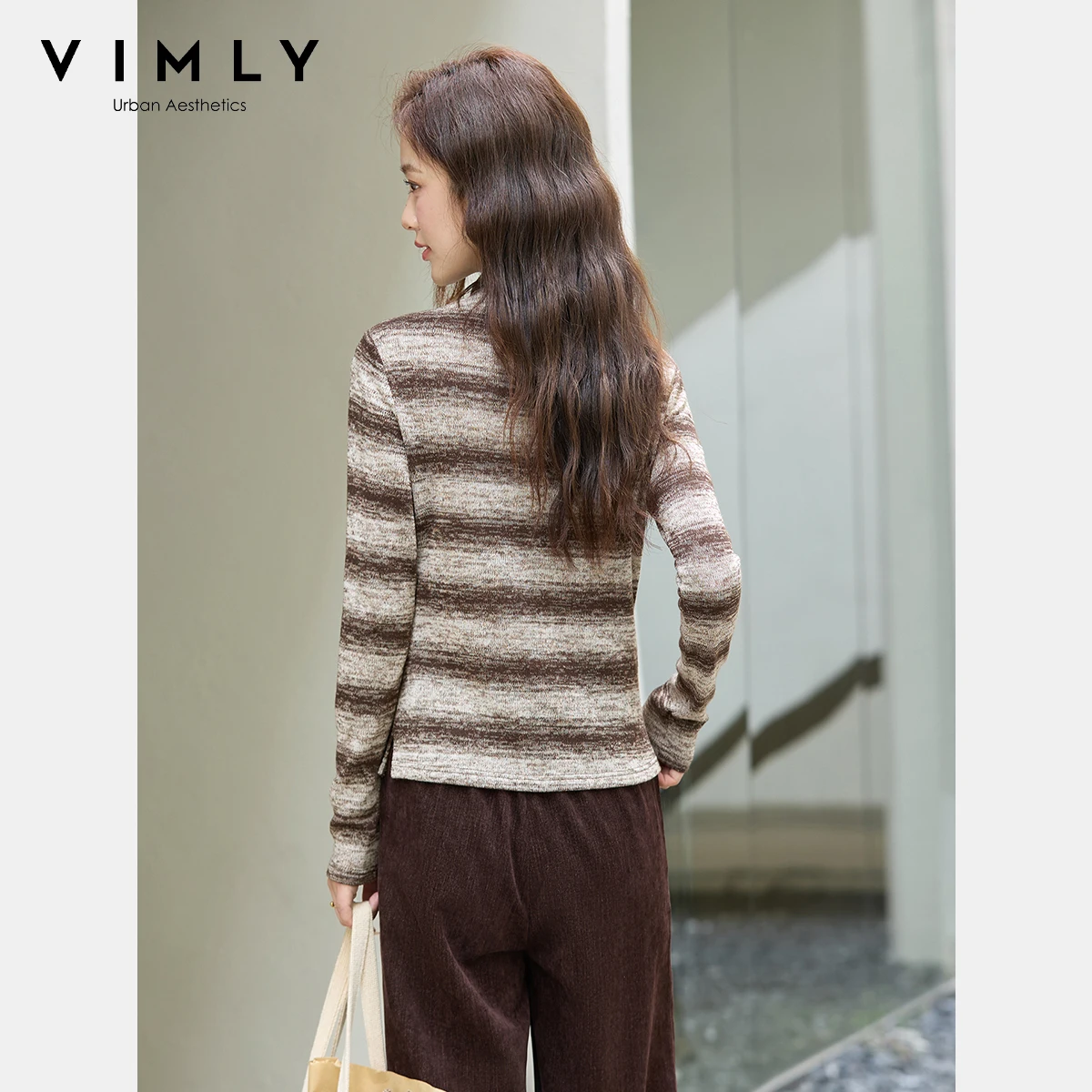 VIMLY Vrouw Bruin Gestreepte T-shirts Herfst 2025, Casual Gebreide Top Met Lange Mouwen, Elegant Gebreide Half Coltrui Dames Tees A3201