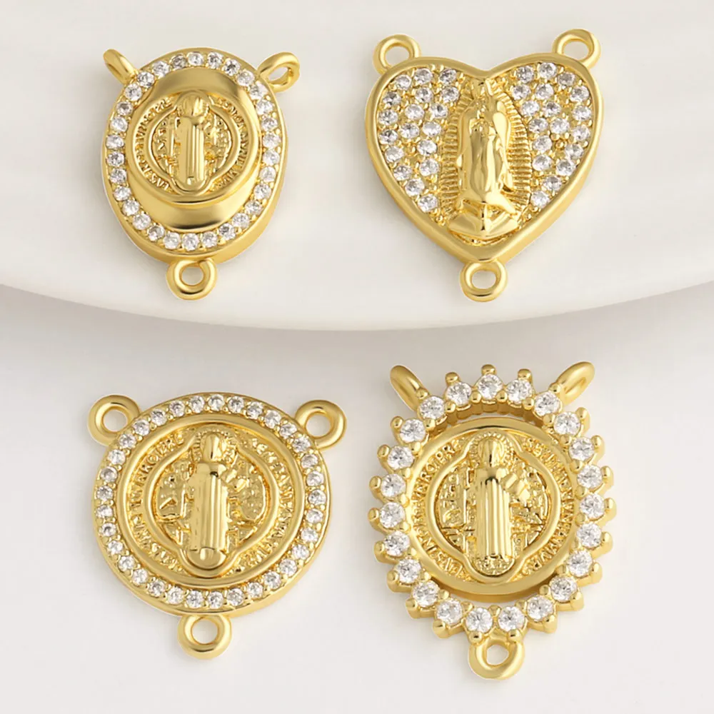 OCESRIO CZ Religious Medal Pendant Copper Gold Plated Saint Benedict Our Lady Charms for DIY Jewelry Making Supplies pdtc072