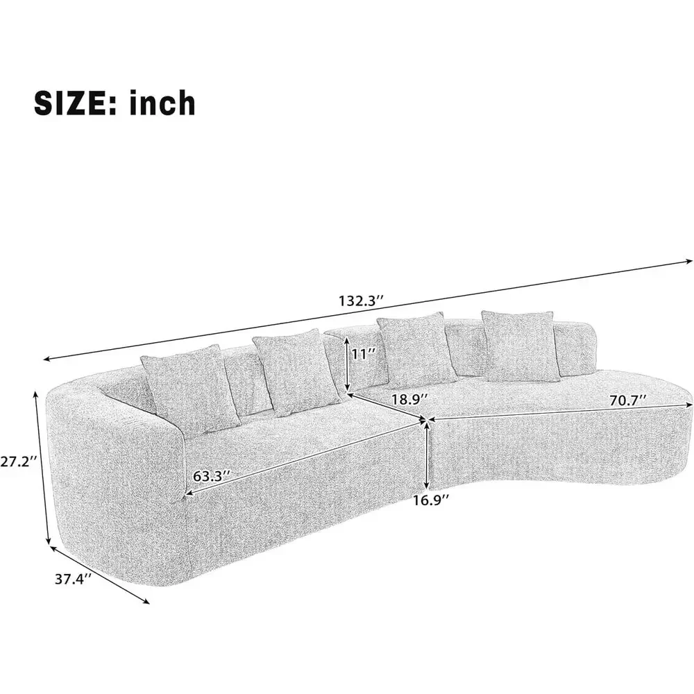Large 2-Piece Curved Chenille Sofa Set with 3 Pillows, High-Density Foam, Suitable for Living Room or Bedroom, White