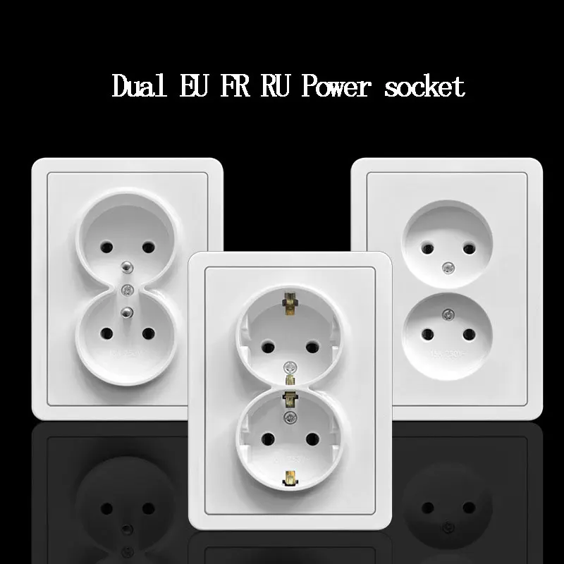 PC الأبيض 16A RU الضحلة مزدوجة الاتحاد الأوروبي المقبس 2-ميناء الألمانية الفرنسية مقبس الطاقة لوحة مقبس الحائط المخرج جزءا لا يتجزأ من أخفى 120*84 مللي متر