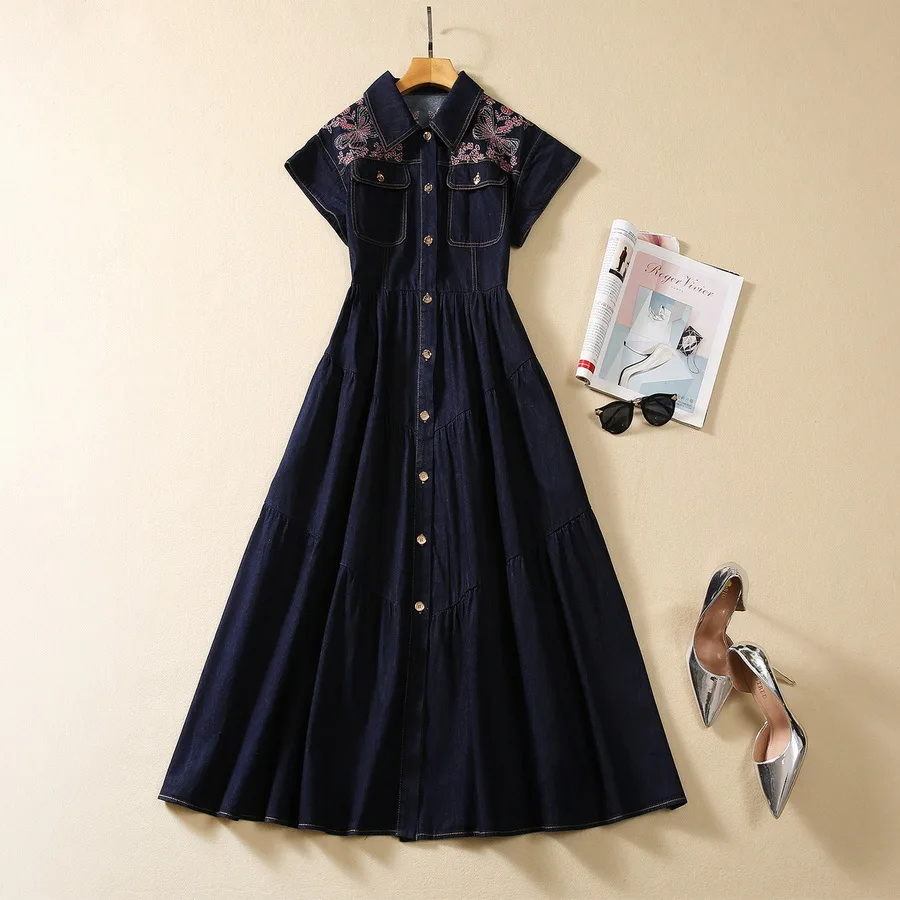 

European and American women's clothing 2023 autumn new lapel Short sleeve single breasted embroidery fashion Denim dress