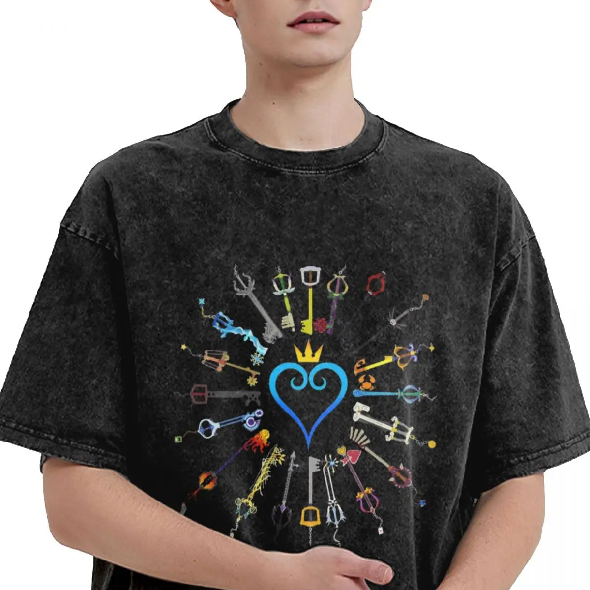 Kingdom Hearts Keyblades Retro Washed T Shirt Men's Oversized Tees Tops