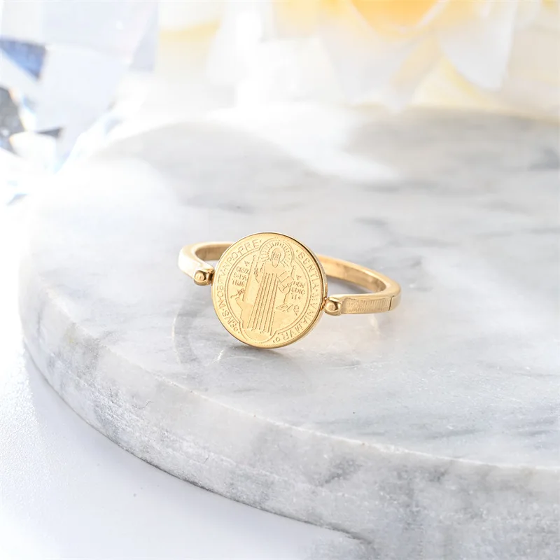 Vintage Christian Saints Reversible Rings for Women Men Gold Silver Color Stainless Steel Daily Jewelry Relief Pattern Ornaments