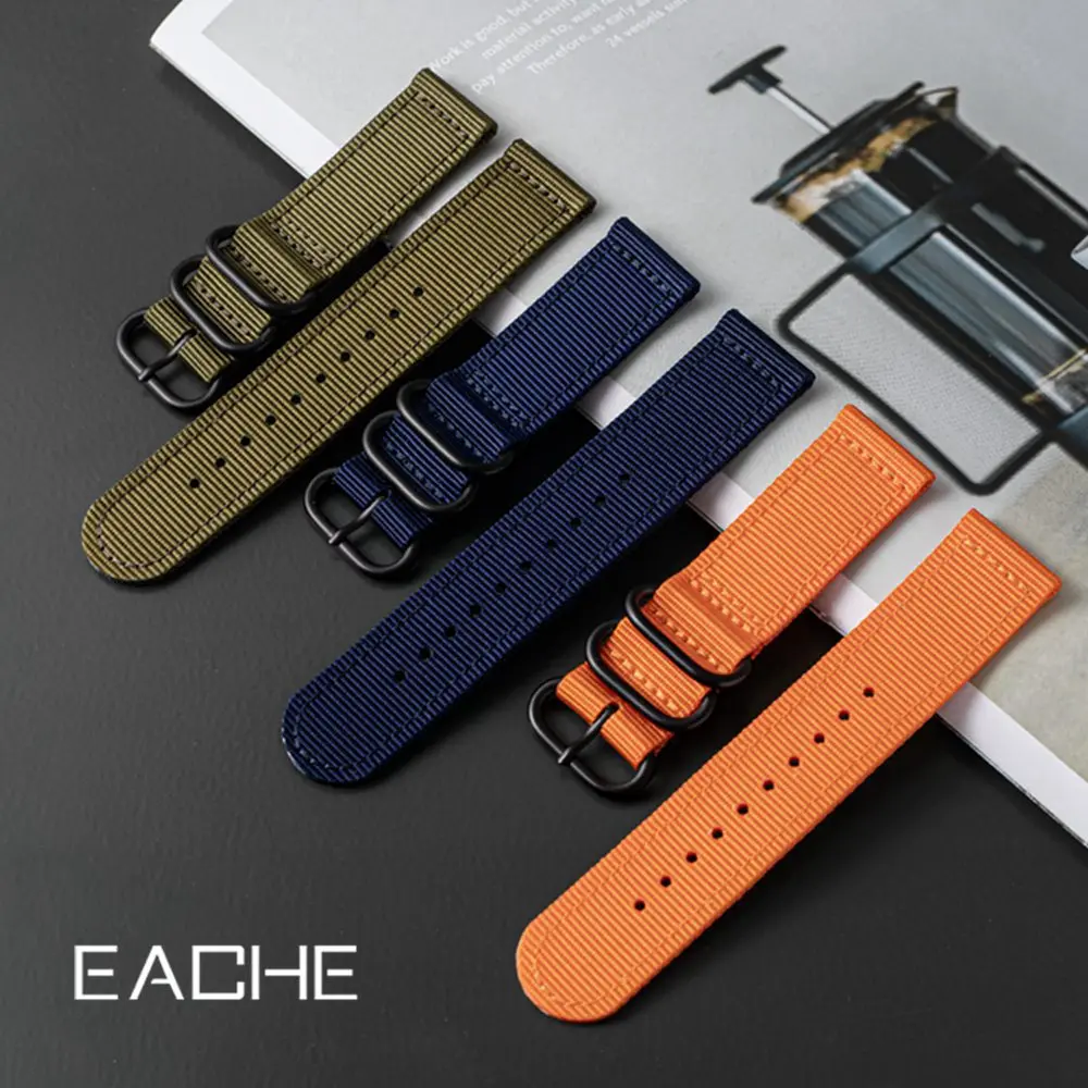 EACHE High Quality Nylon Watch Strap Correa Sports Two Piece Black Silver Color Buckle Band 20mm 22mm 24mm