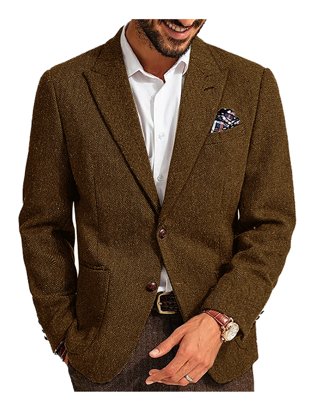 

Men's Suit Brown Herringbone Blazer Prom Tuxedos Wool Tweed Single Breasted Two Buttons Bussiness/Wedding Jacket